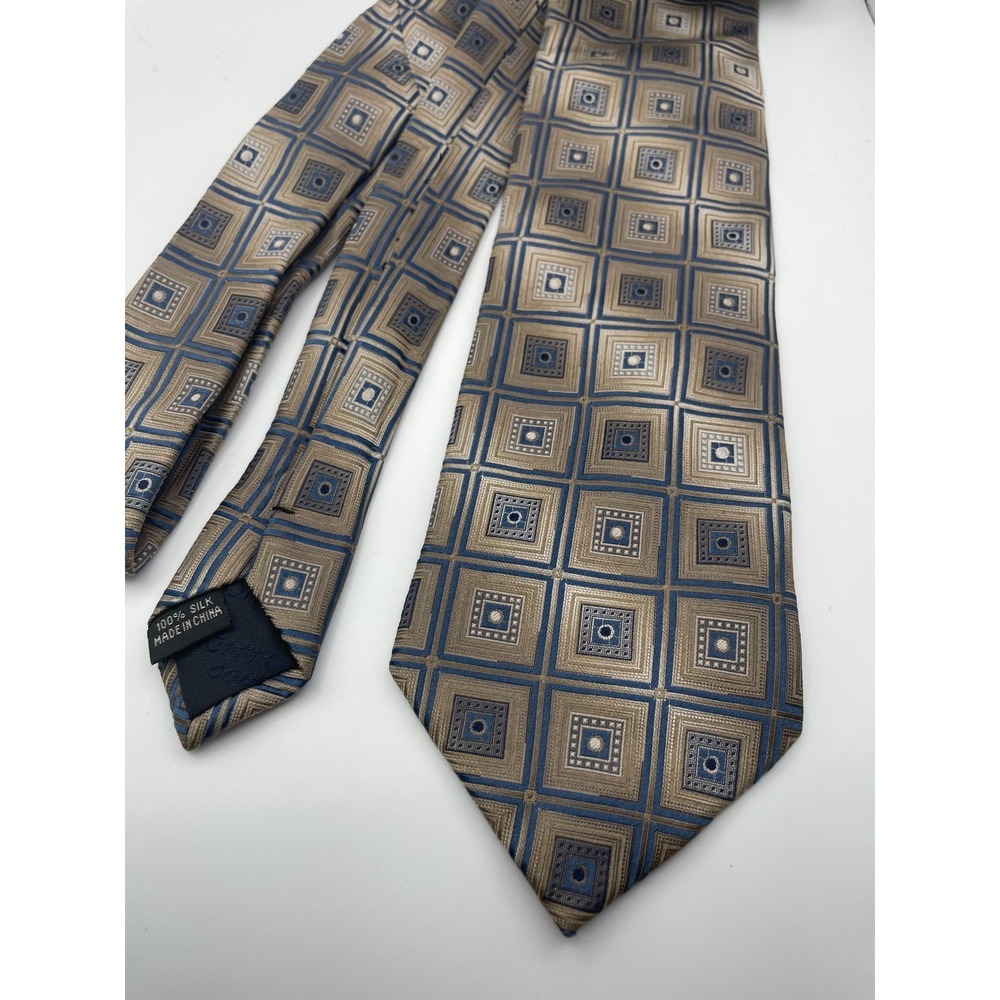 Pronto Uomo Couture Silk Tie Gold Blue Geometric Square Pattern Classic Neck